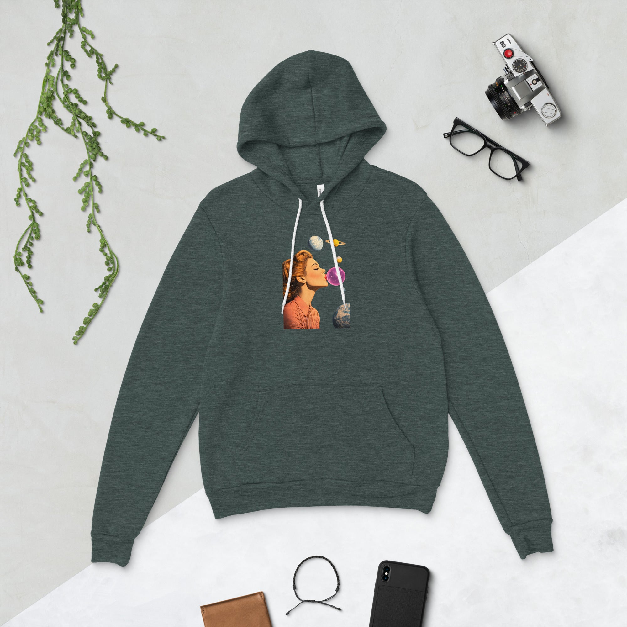Heather forest unisex pullover hoodie with Lady Space print design, front view – iNKORART Studio