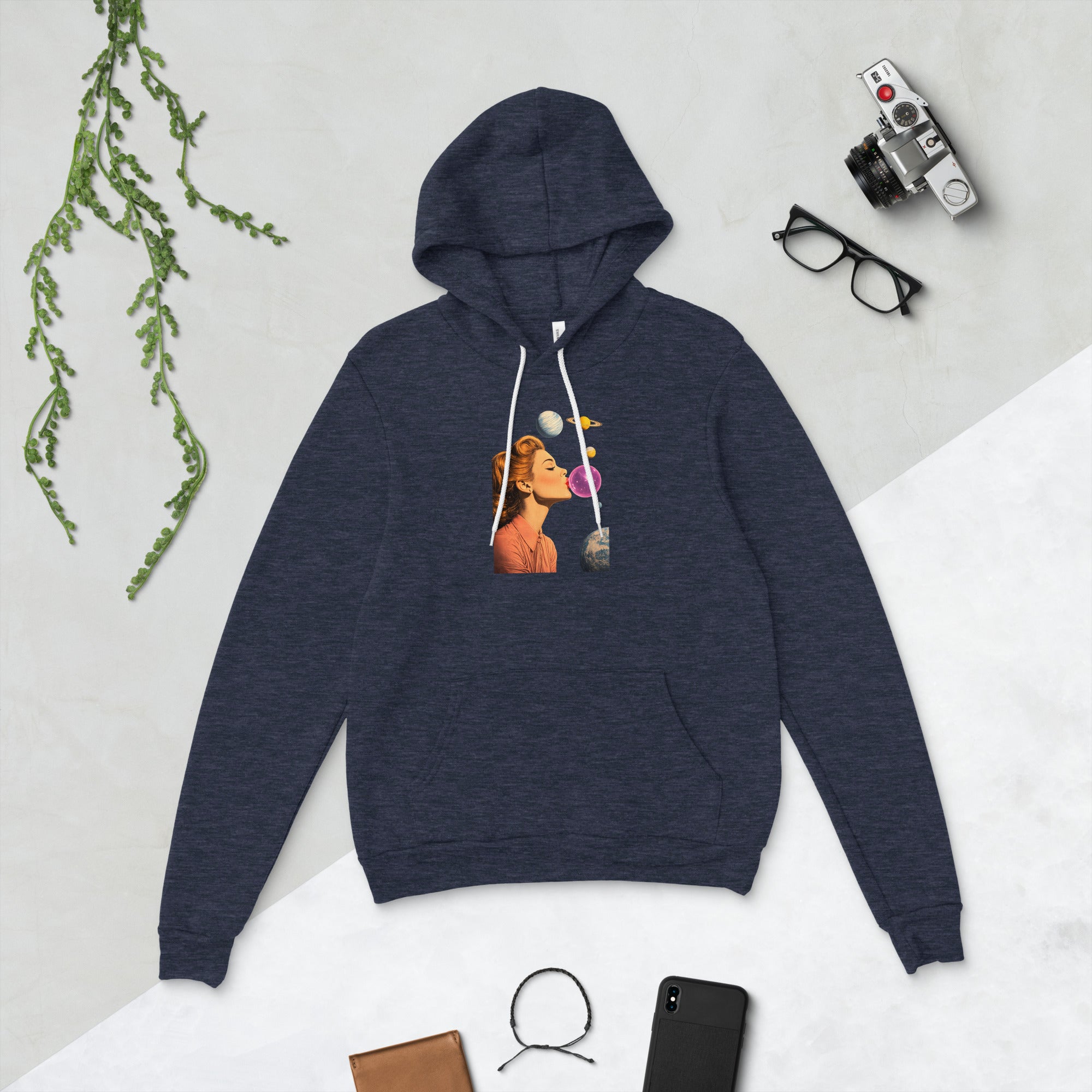 Heather navy unisex pullover hoodie with Lady Space print design, front view – iNKORART Studio