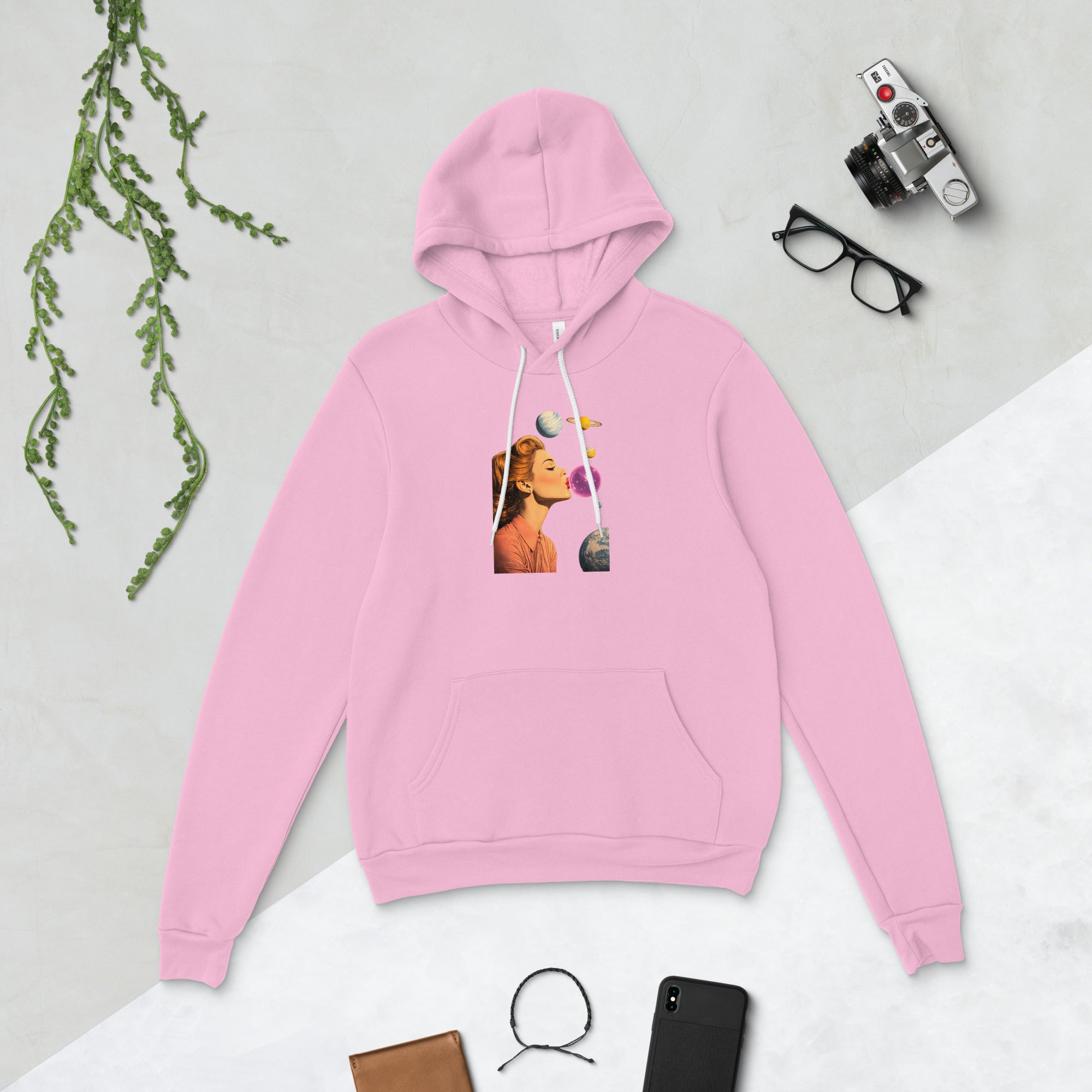 Lilac unisex pullover hoodie with Lady Space print design, front view – iNKORART Studio