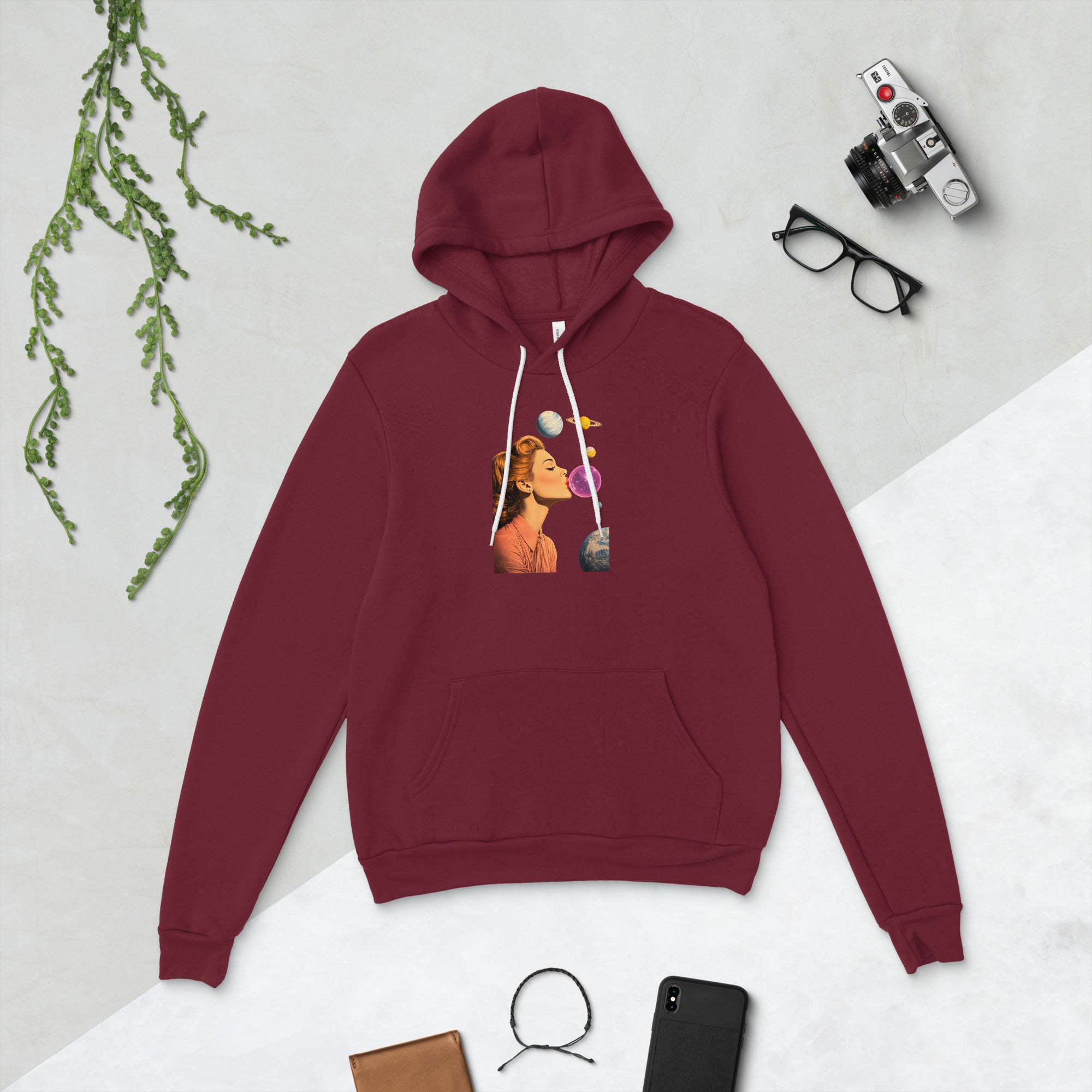 Maroon unisex pullover hoodie with Lady Space print design, front view – iNKORART Studio