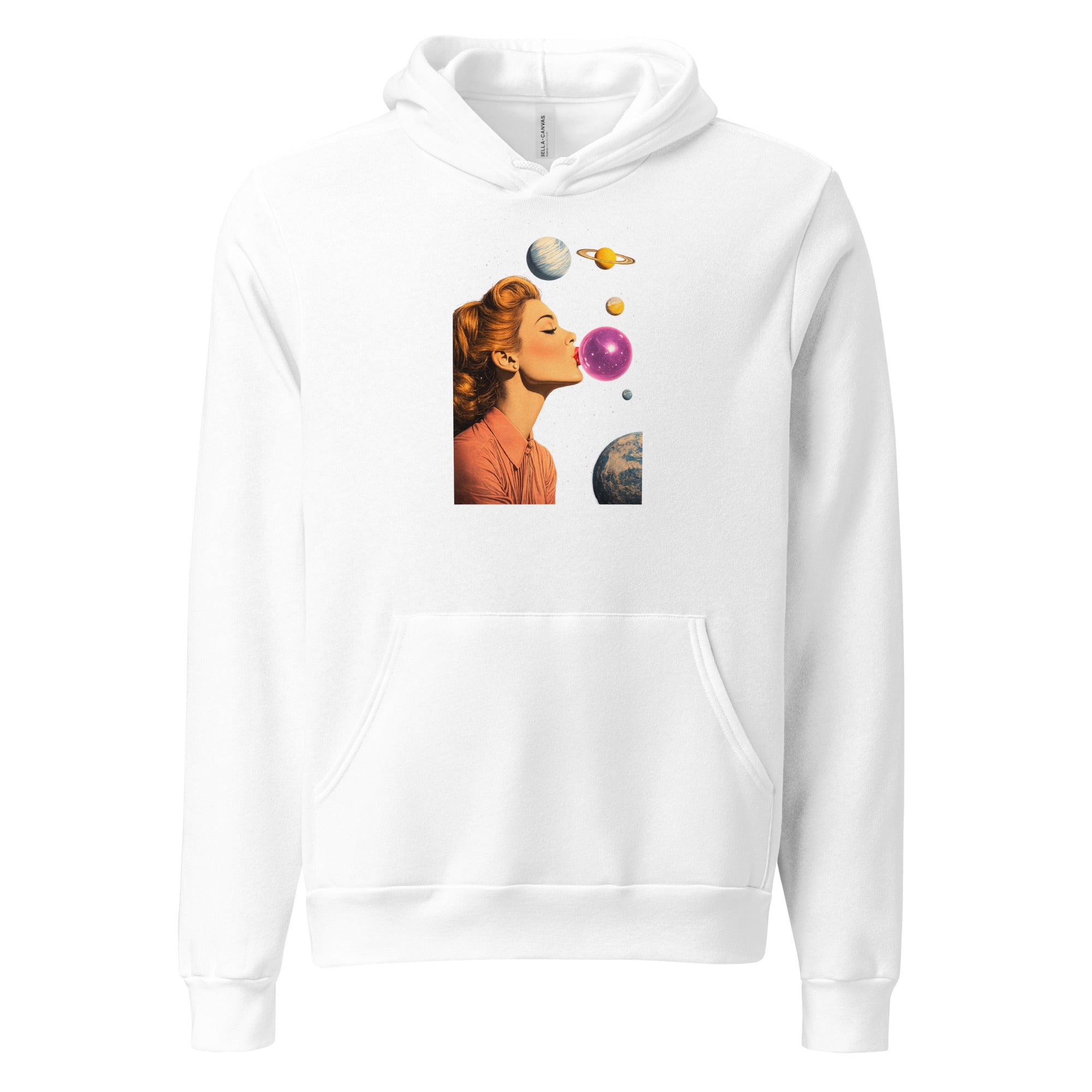 White unisex pullover hoodie with Lady Space print design, front view – iNKORART Studio