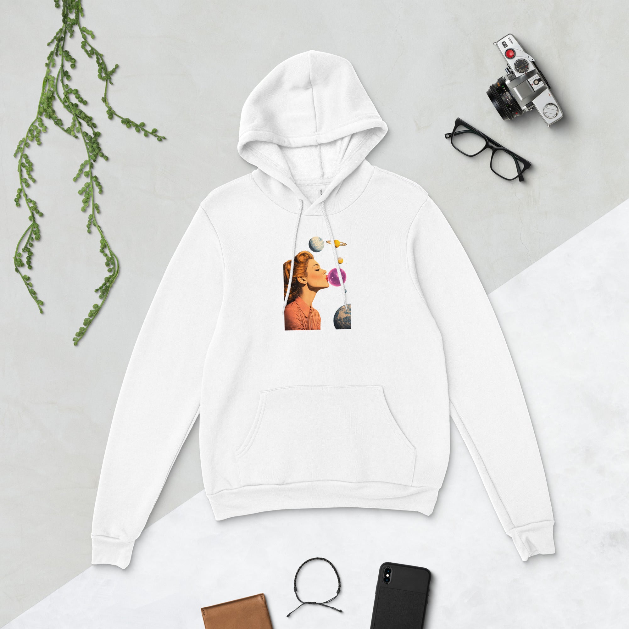 White unisex pullover hoodie with Lady Space print design, front view – iNKORART Studio