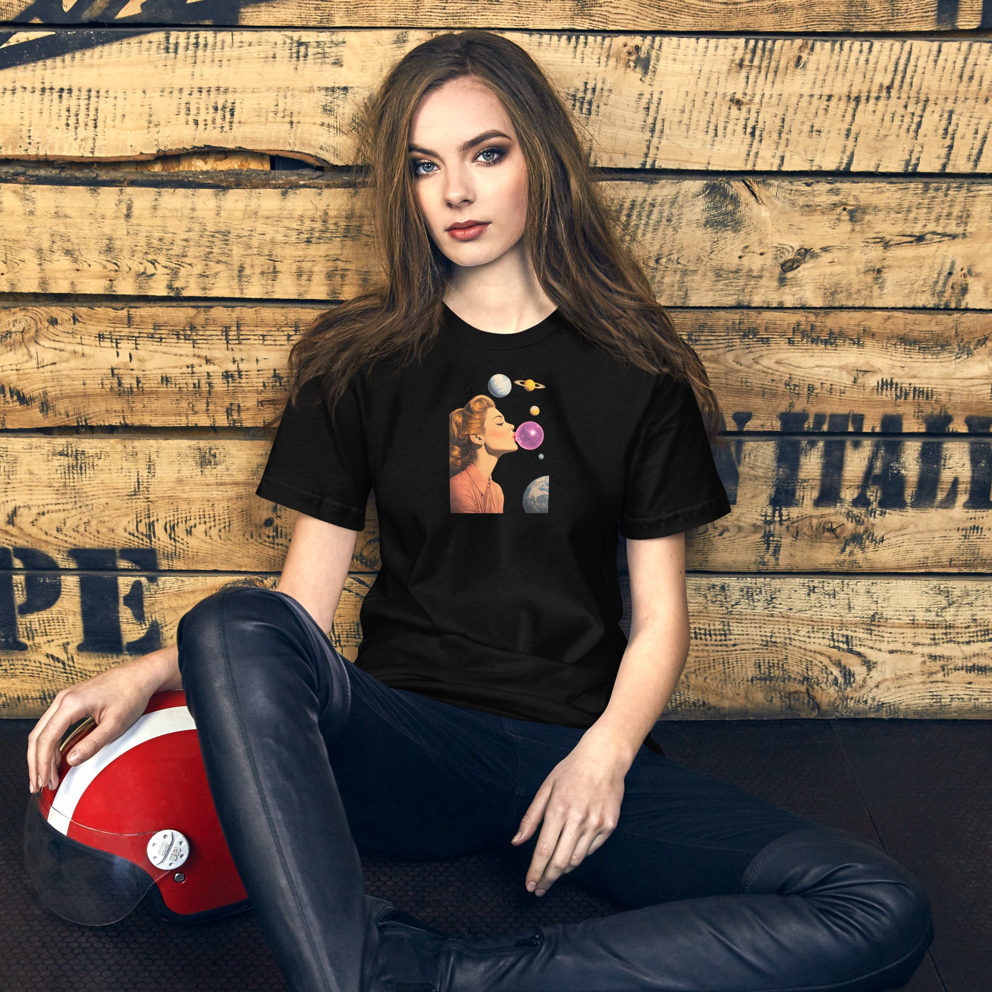 Black unisex t-shirt with Lady Space print design, front view – iNKORART Studio