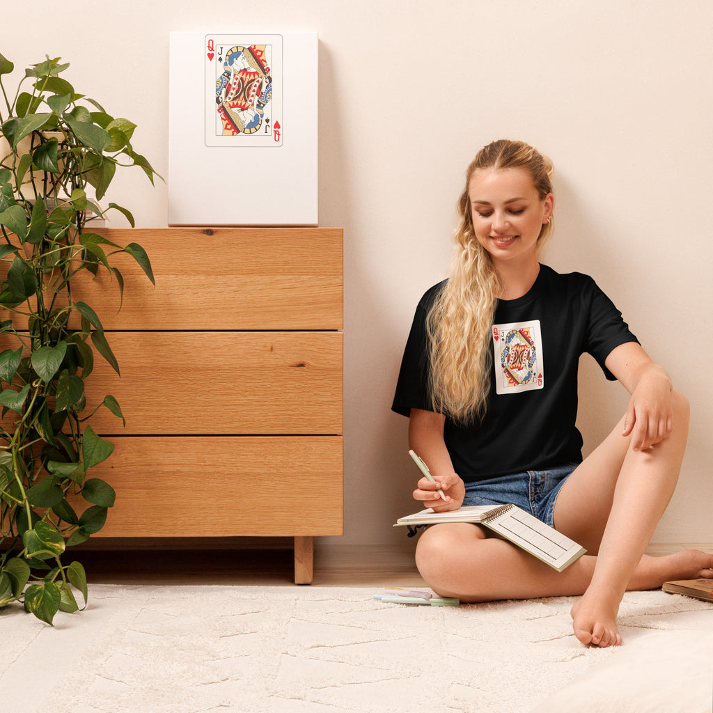 Black unisex t-shirt with Love Card print design, front view – iNKORART Studio