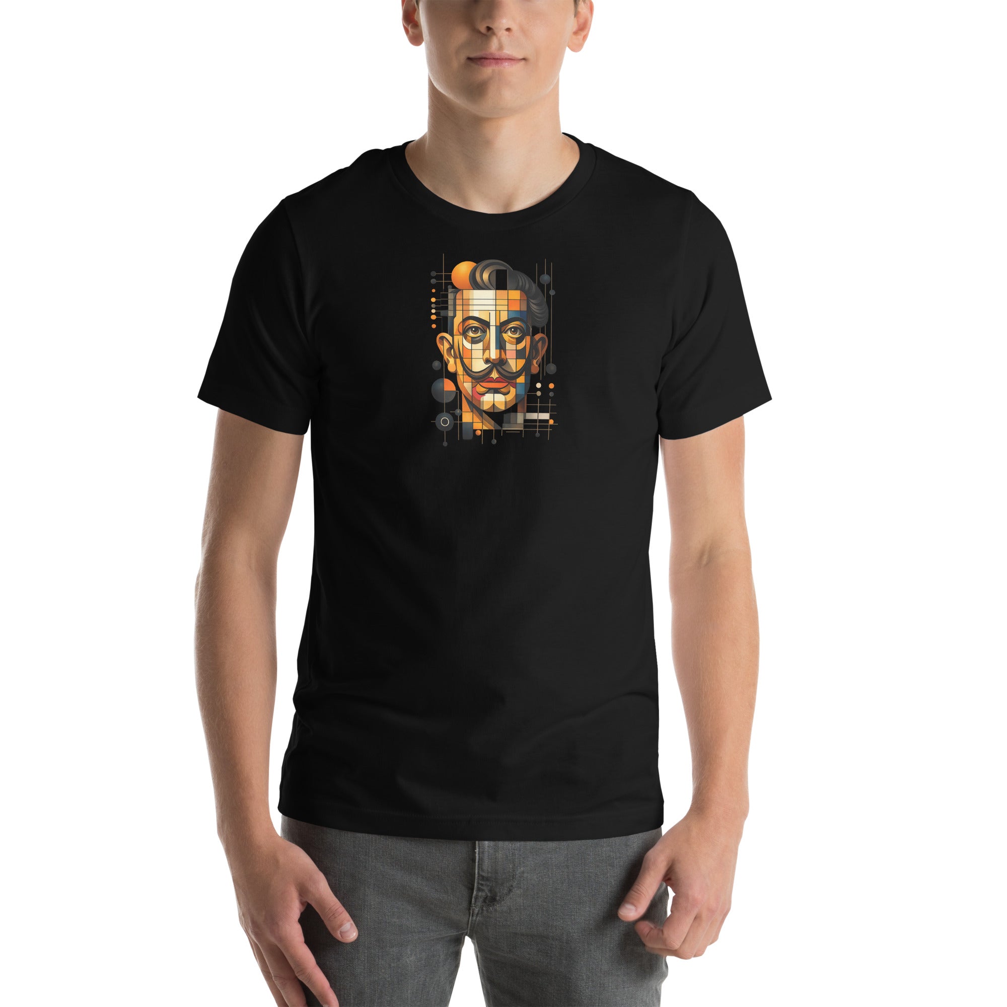 Black unisex t-shirt with Dali print design, front view – iNKORART Studio