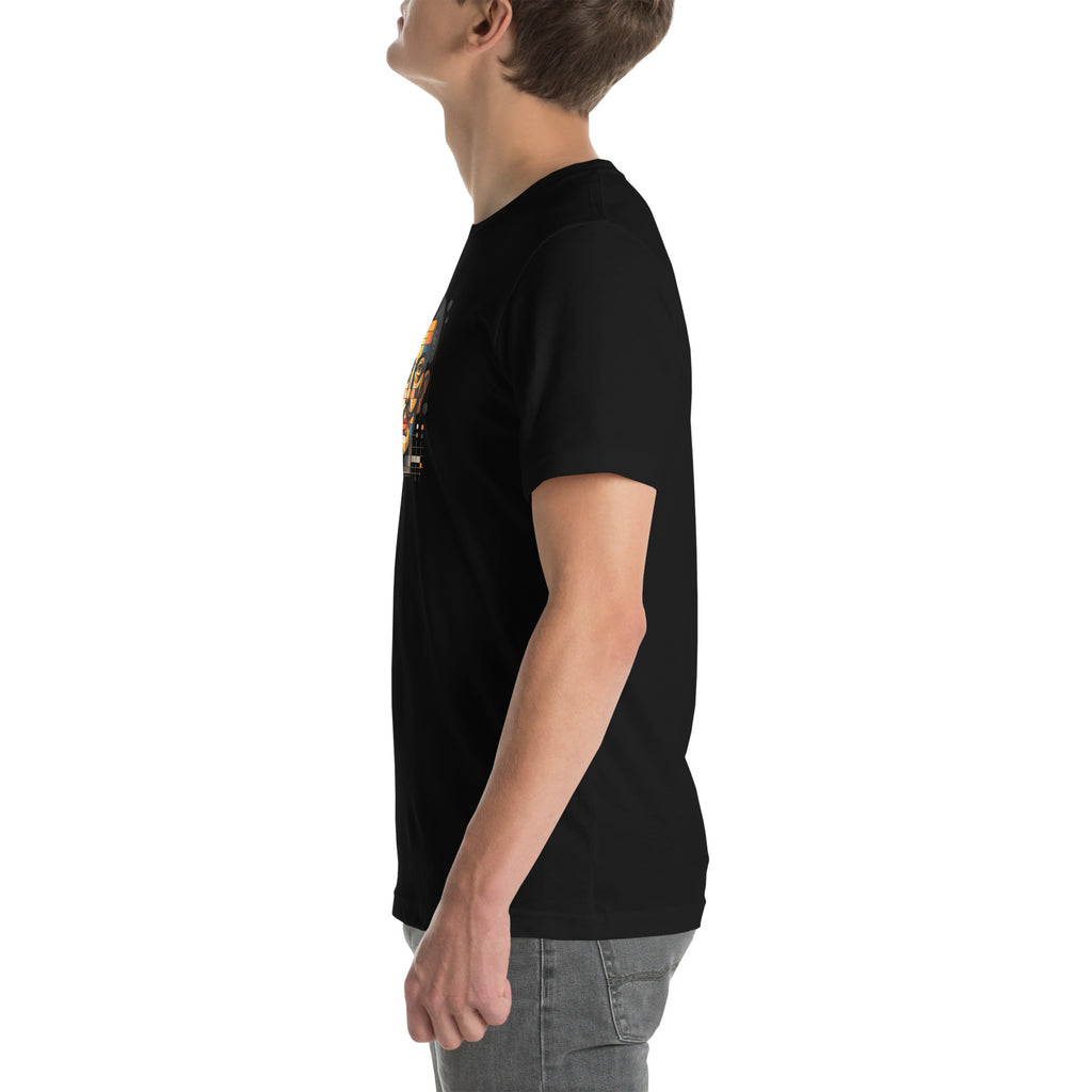 Black unisex t-shirt with Dali print design, left side view – iNKORART Studio