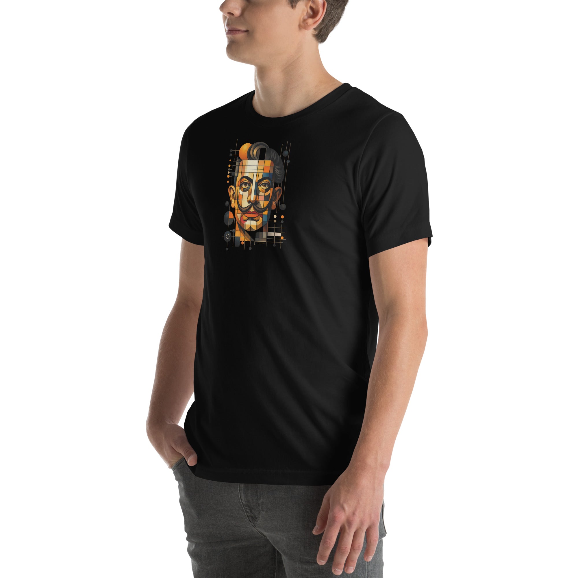 Black unisex t-shirt with Dali print design, front-left angle view – iNKORART Studio