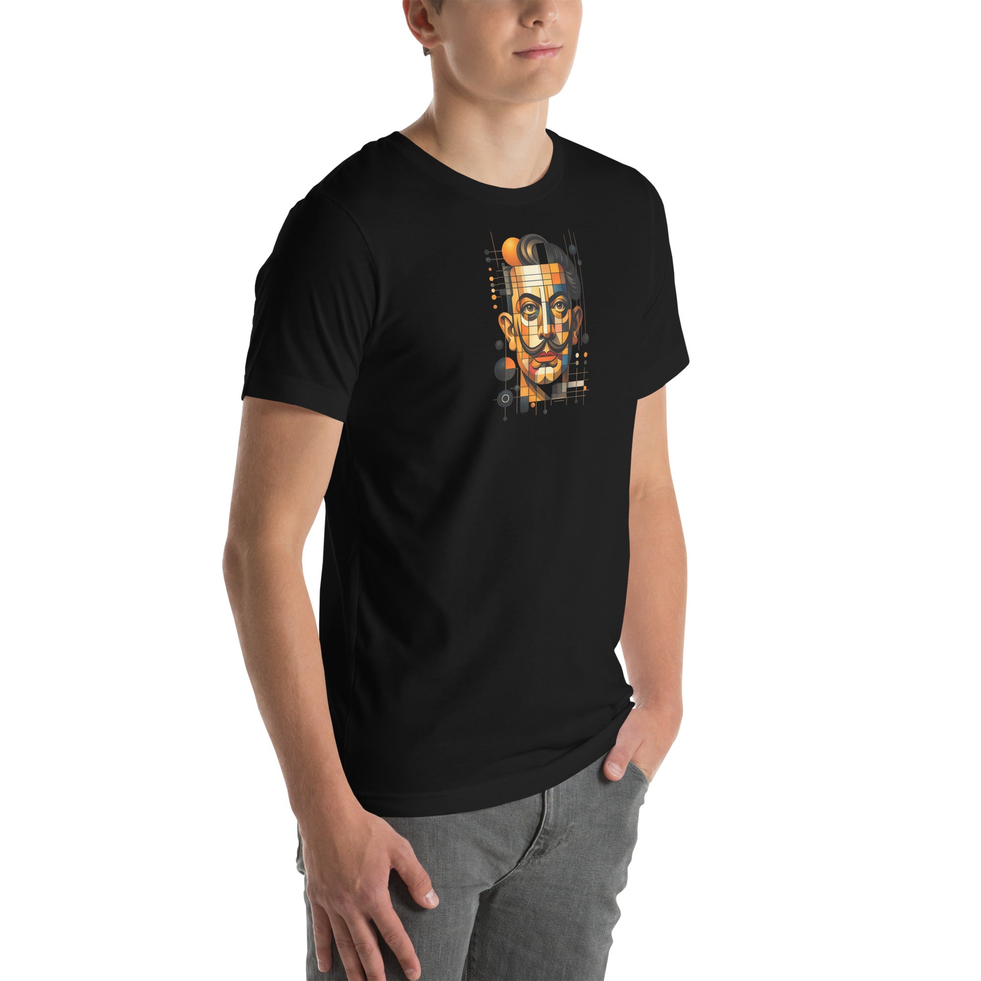 Black unisex t-shirt with Dali print design, front-right angle view – iNKORART Studio