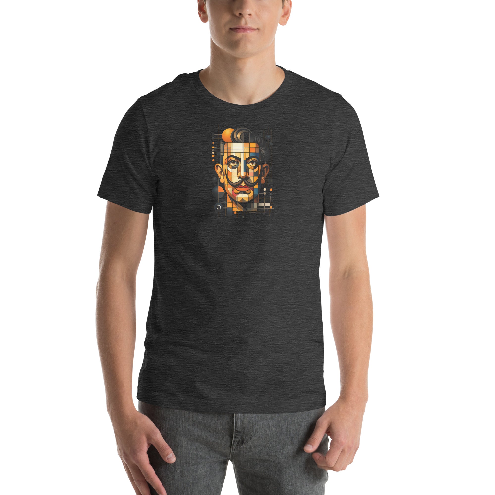 Dark grey heather unisex t-shirt with Dali print design, front view – iNKORART Studio