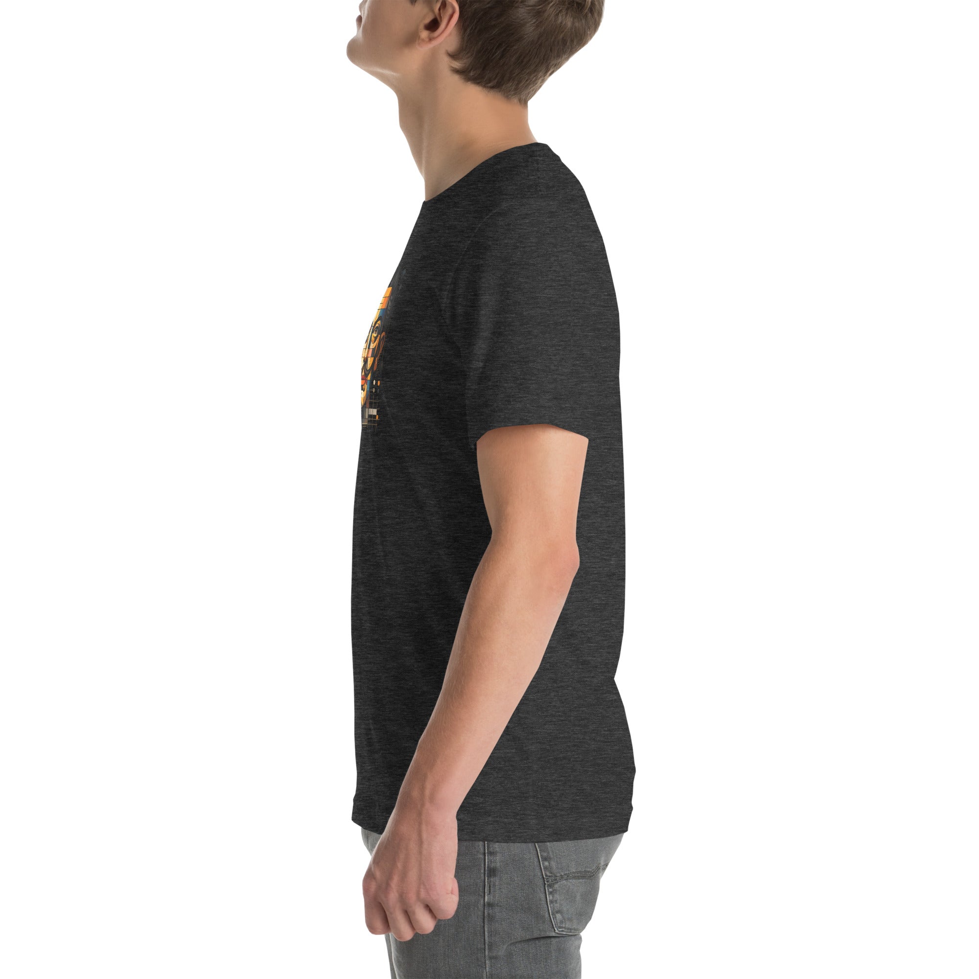 Dark grey heather unisex t-shirt with Dali print design, left side view – iNKORART Studio