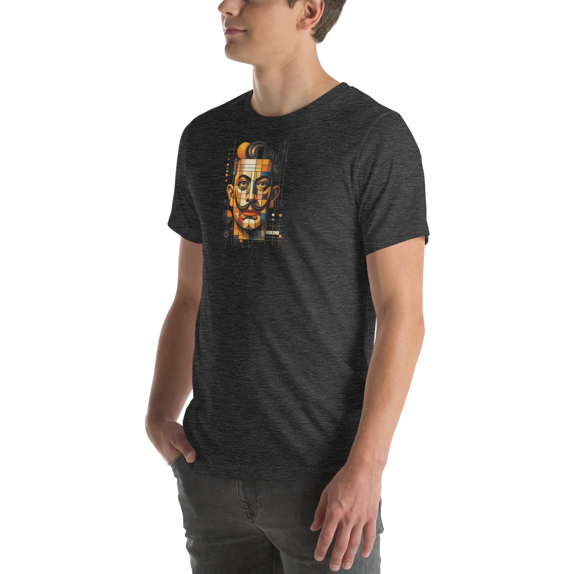 Dark grey heather unisex t-shirt with Dali print design, front-left angle view – iNKORART Studio