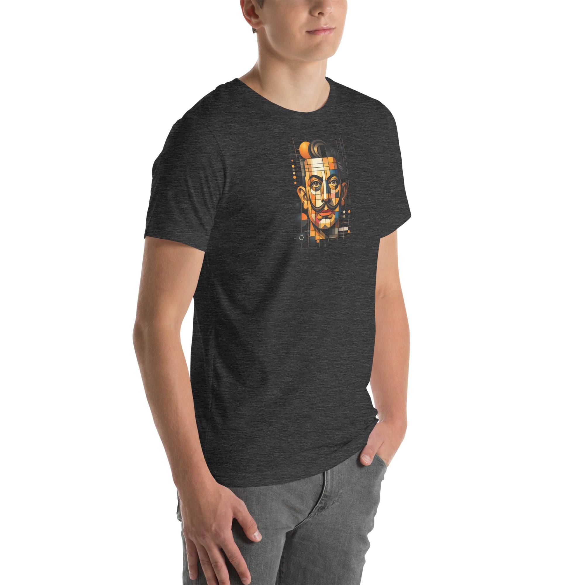 Dark grey heather unisex t-shirt with Dali print design, front-right angle view – iNKORART Studio