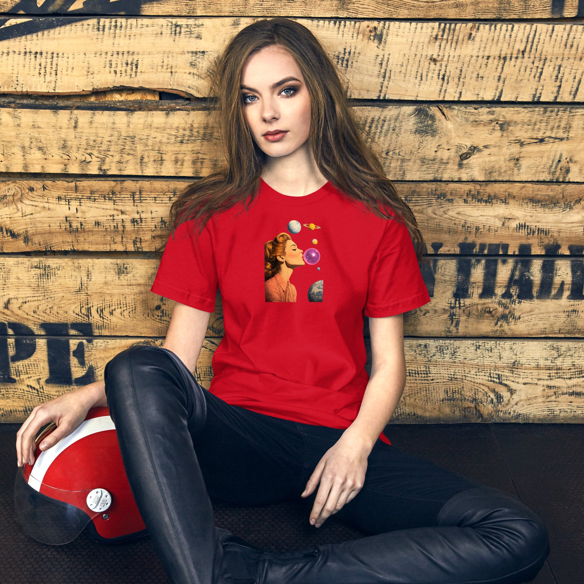 Red unisex t-shirt with Lady Space print design, front view – iNKORART Studio