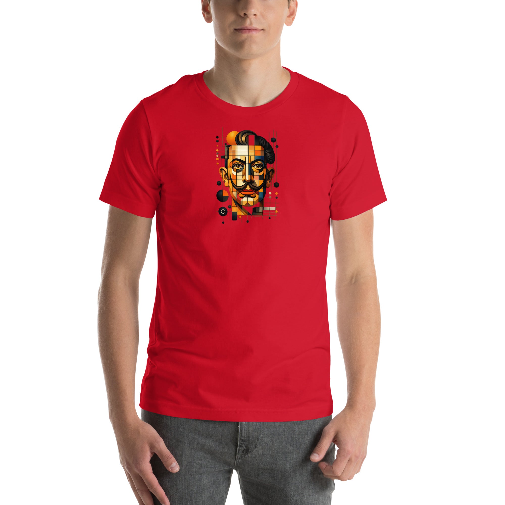 Red unisex t-shirt with Dali print design, front view – iNKORART Studio