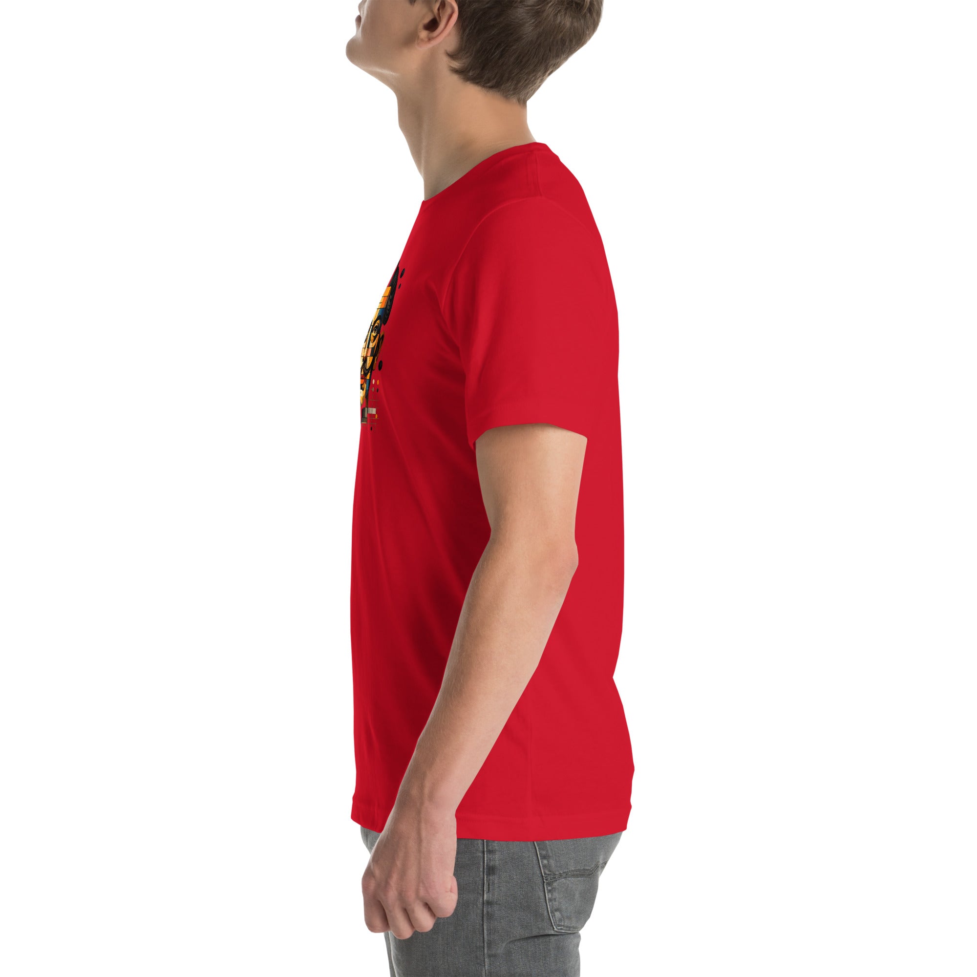 Red unisex t-shirt with Dali print design, left side view – iNKORART Studio