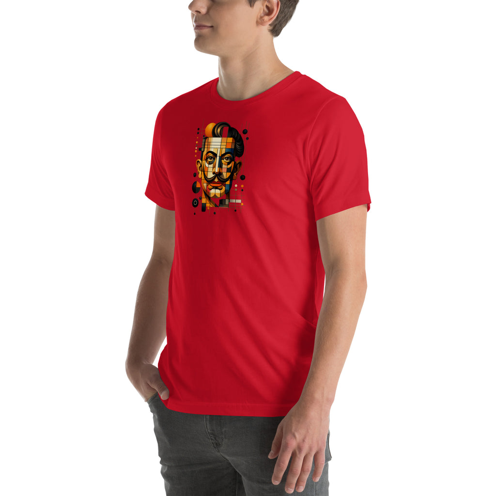 Red unisex t-shirt with Dali print design, front-left angle view – iNKORART Studio