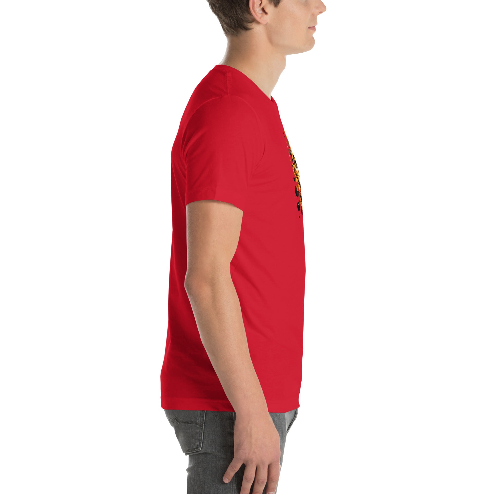 Red unisex t-shirt with Dali print design, right side view – iNKORART Studio