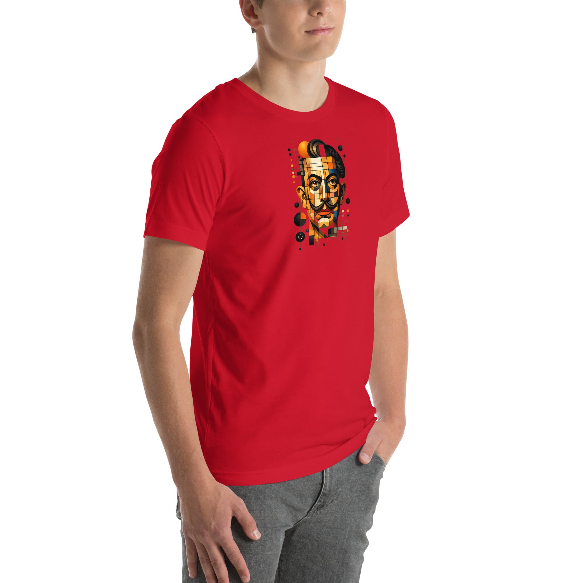 Red unisex t-shirt with Dali print design, front-right angle view – iNKORART Studio