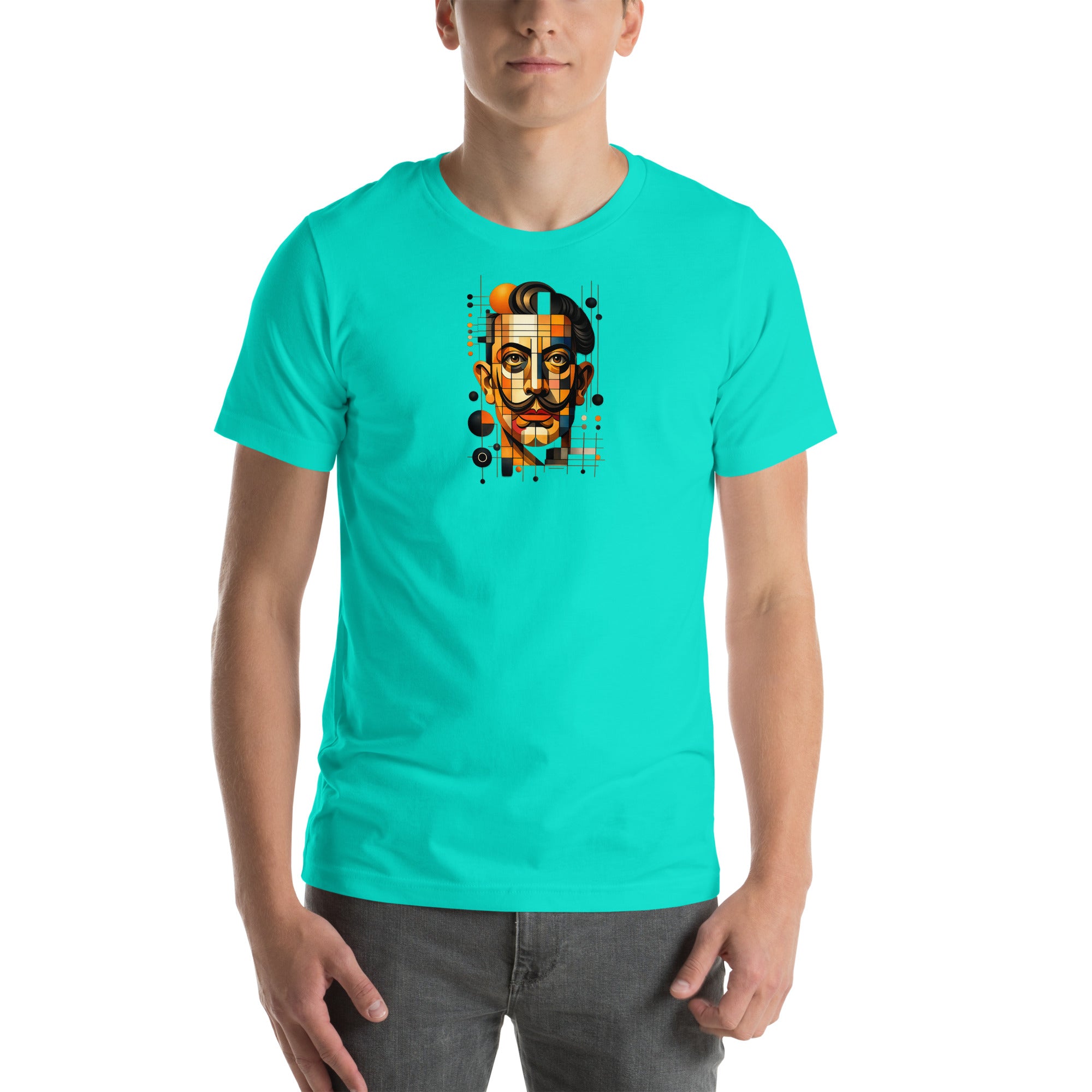 Teal unisex t-shirt with Dali print design, front view – iNKORART Studio