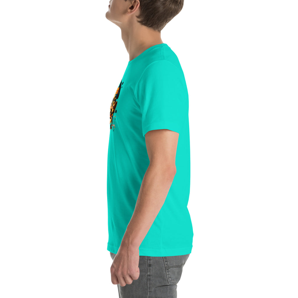 Teal unisex t-shirt with Dali print design, left side view – iNKORART Studio