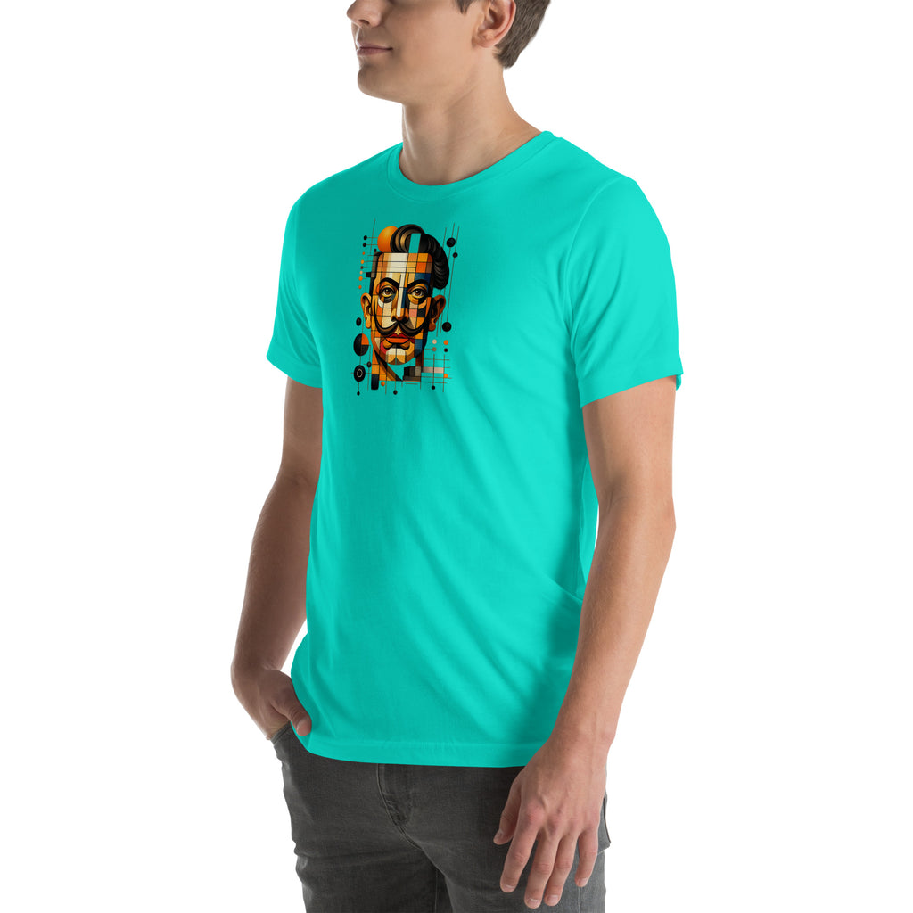 Teal unisex t-shirt with Dali print design, front-left angle view – iNKORART Studio