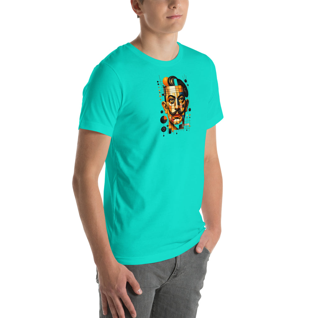 Teal unisex t-shirt with Dali print design, front-right angle view – iNKORART Studio