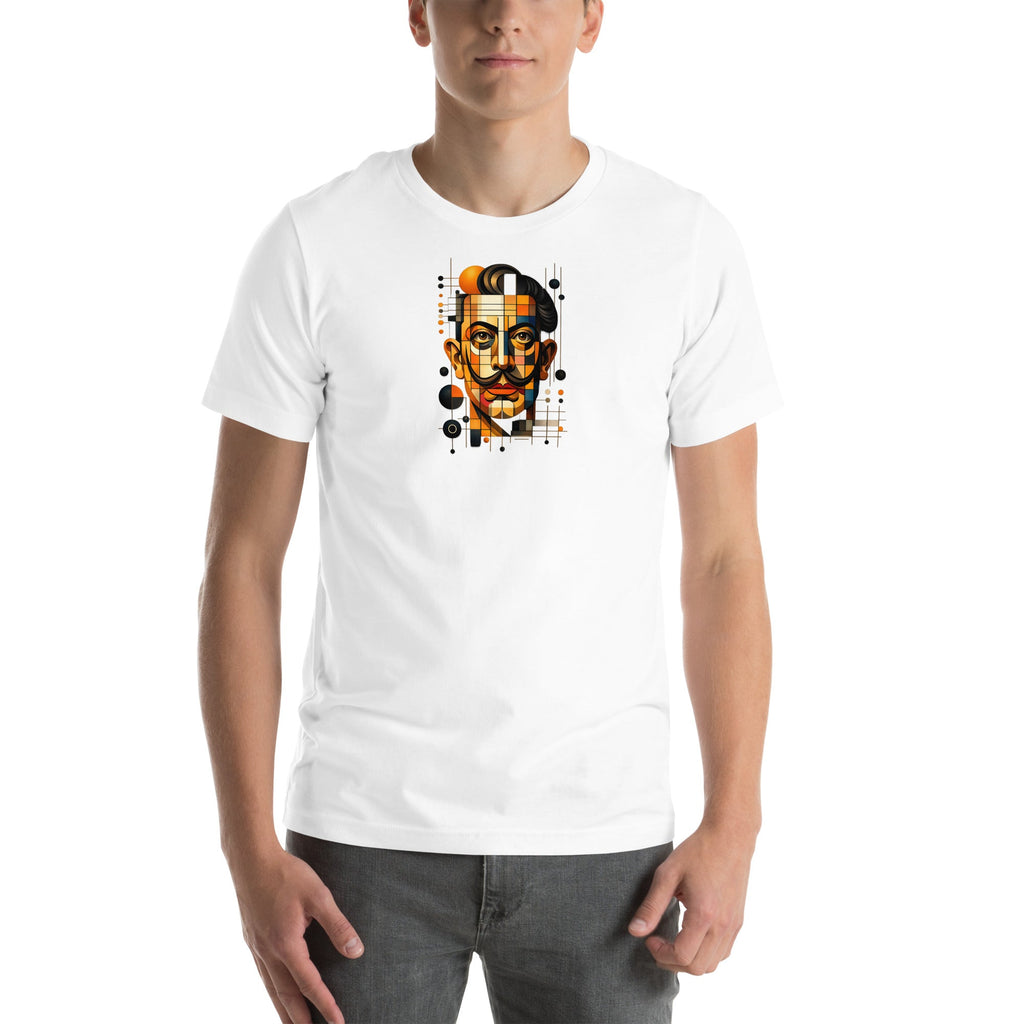 White unisex t-shirt with Dali print design, front view – iNKORART Studio