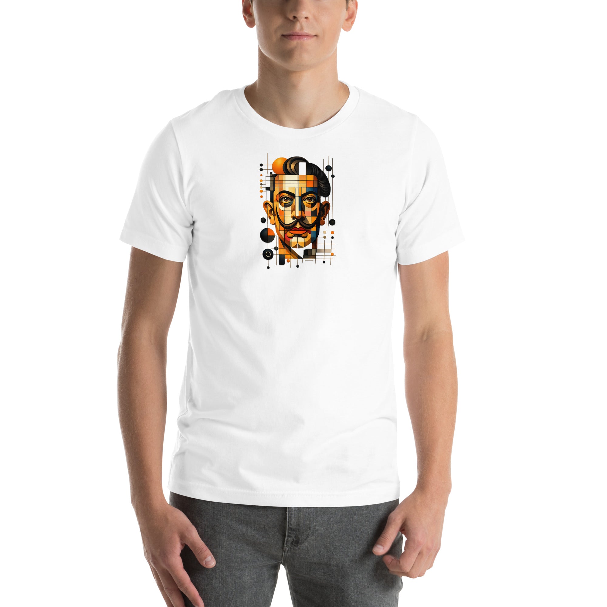 White unisex t-shirt with Dali print design, front view – iNKORART Studio