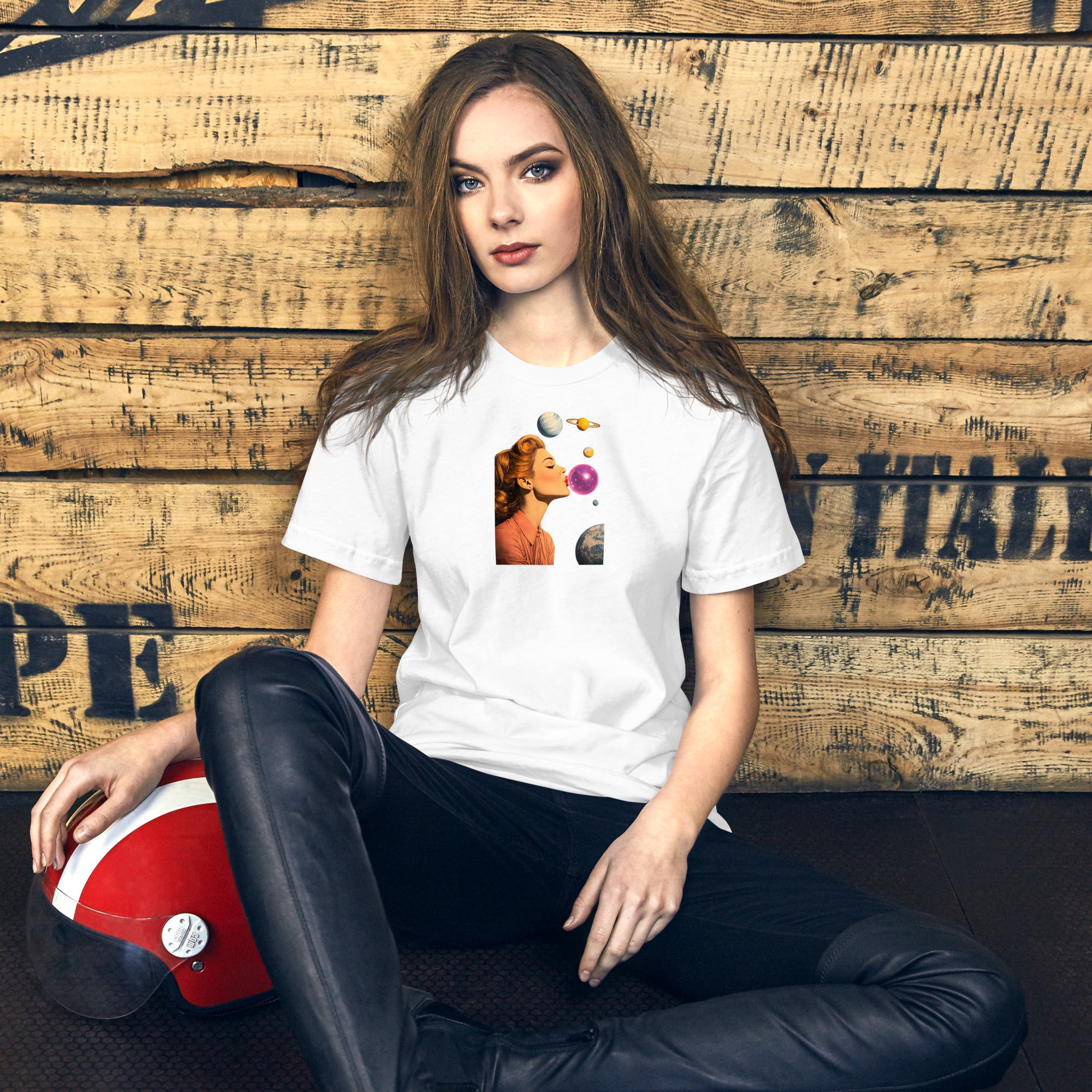 White unisex t-shirt with Lady Space print design, front view – iNKORART Studio