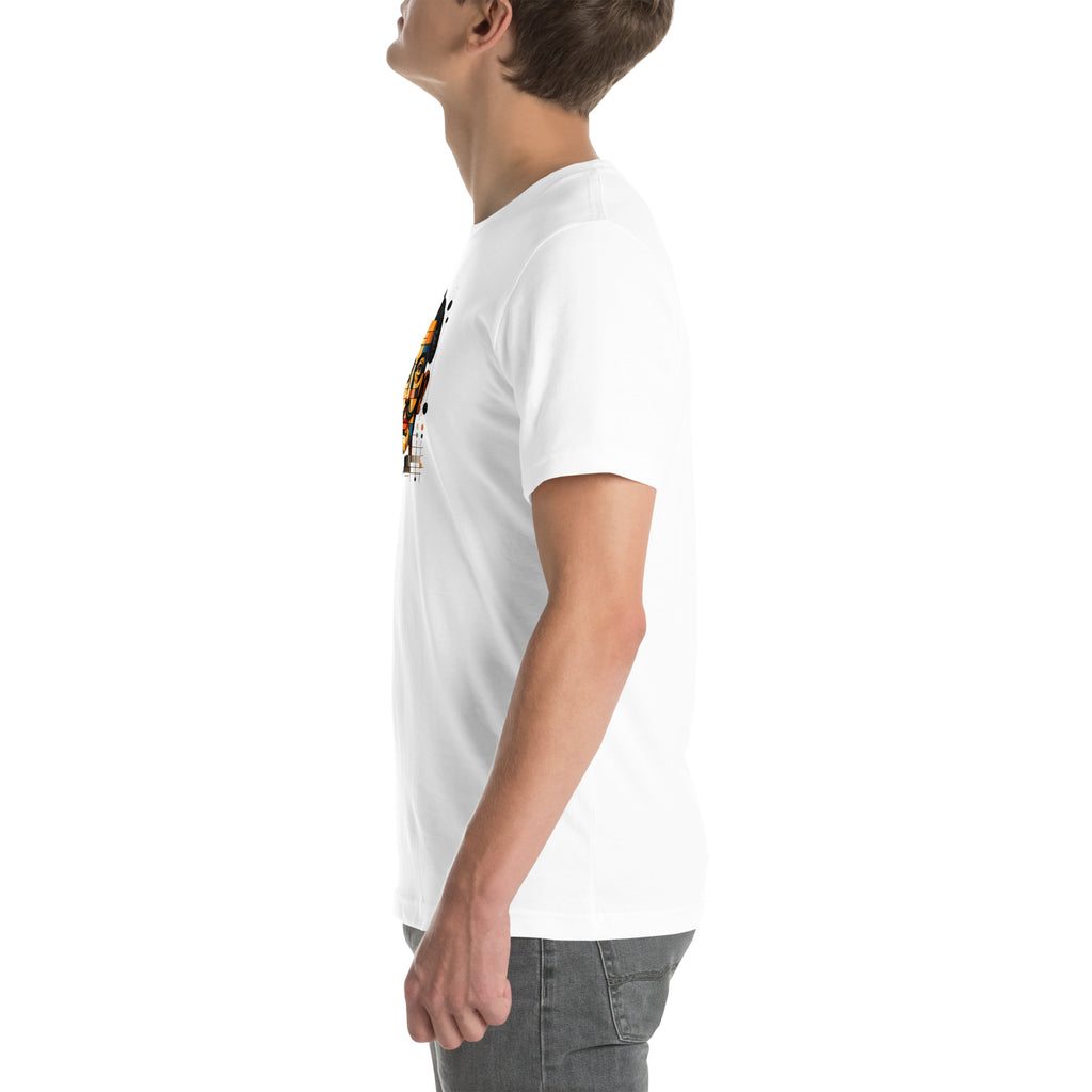 White unisex t-shirt with Dali print design, left side view – iNKORART Studio
