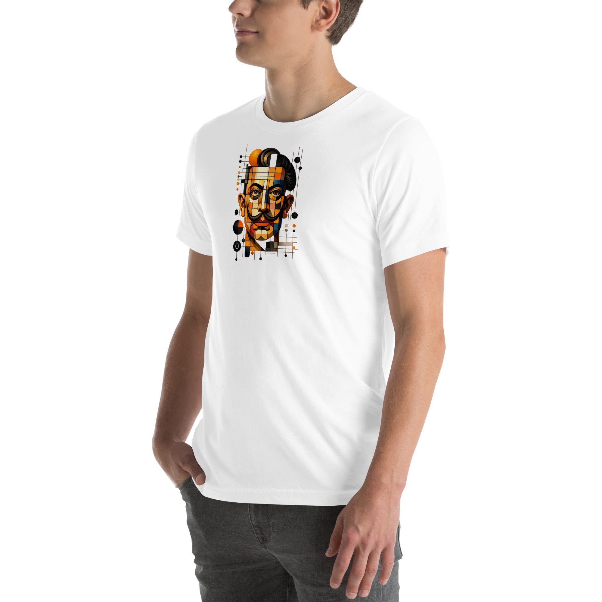 White unisex t-shirt with Dali print design, front-left angle view – iNKORART Studio