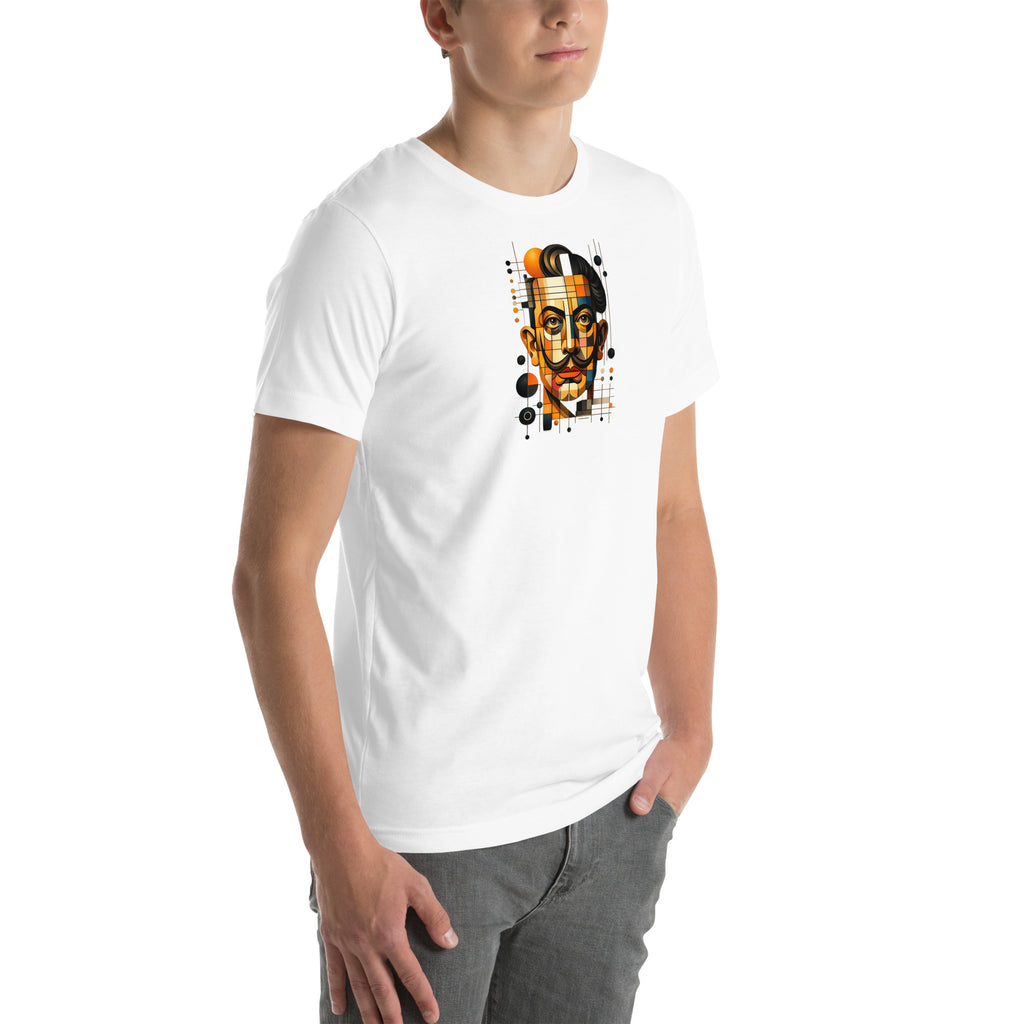 White unisex t-shirt with Dali print design, front-right angle view – iNKORART Studio